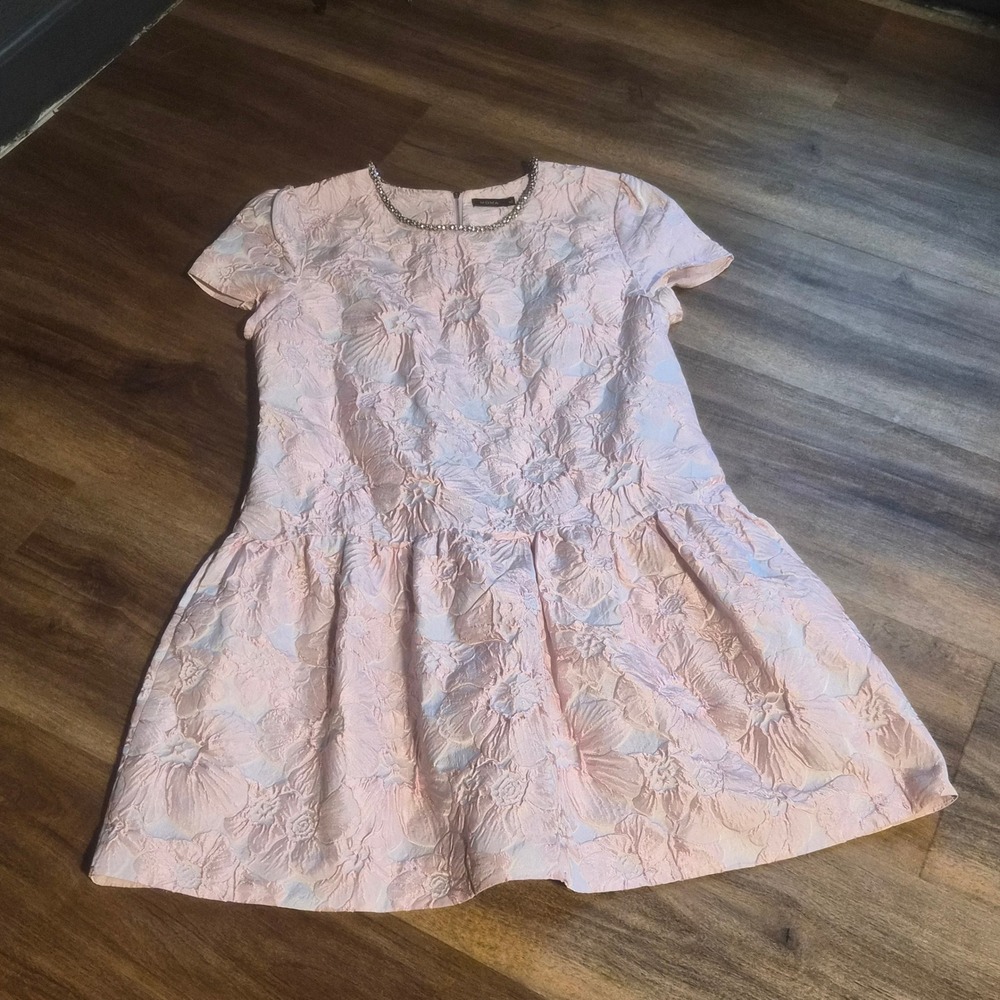 Moma Pink Floral Jacquard Drop Waist Mini Dress Rhinestone Neckline Size 6 EU40